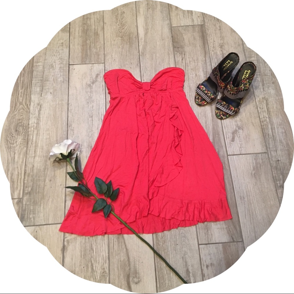 Strapless Coral Dress with ruffle Hem